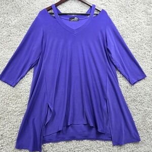 Sympli Womens Stretch‎ Tunic Top Size 0G Purple Cutout Flowing Travel Lagenlook
